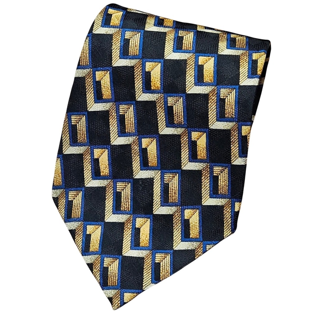 Countess Mara Silk Necktie Mens One Size Black Gold Blue Geometric 3D Designer